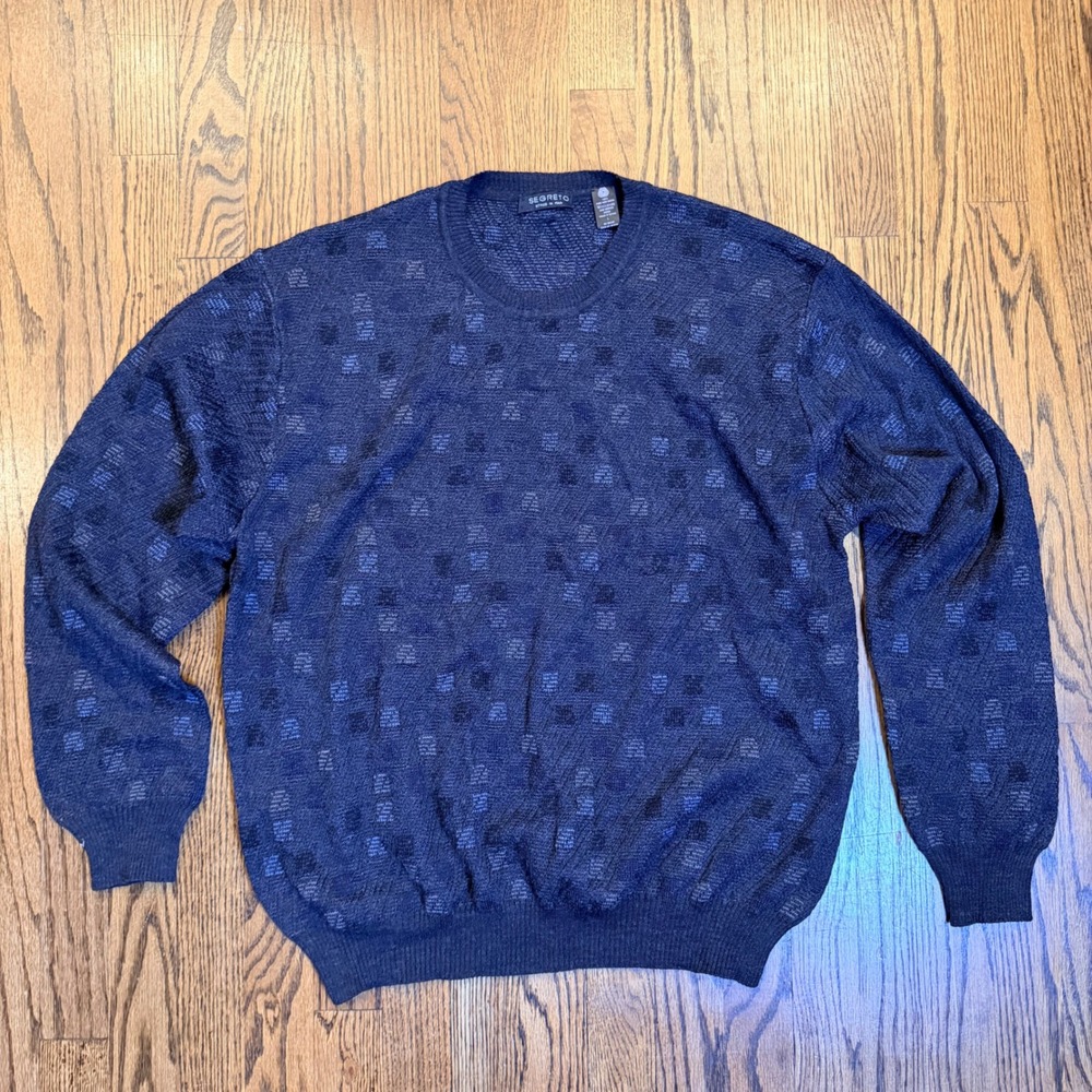 Segreto Merino Wool‎ Crewneck Sweater Textured Geometric Knit Large Navy Blue